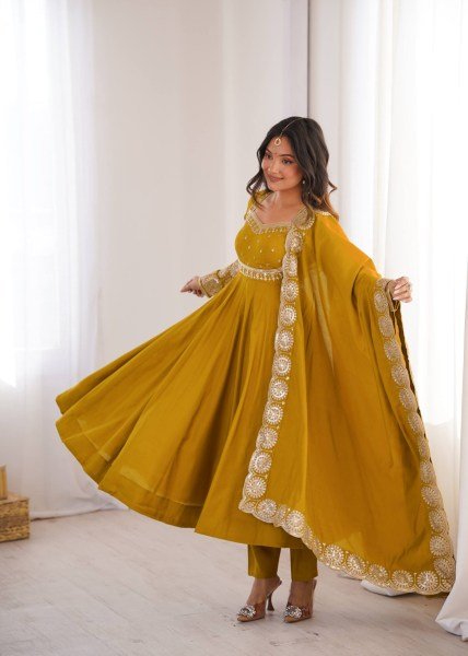 Affordable Yellow Roman Silk 3 Piece Gown Set with Chanderi Embroidered Dupatta Ready To Wear Collection