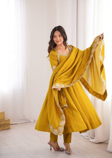 Affordable Yellow Roman Silk 3 Piece Gown Set with Chanderi Embroidered Dupatta Ready To Wear Collection