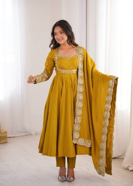 Affordable Yellow Roman Silk 3 Piece Gown Set with Chanderi Embroidered Dupatta Ready To Wear Collection