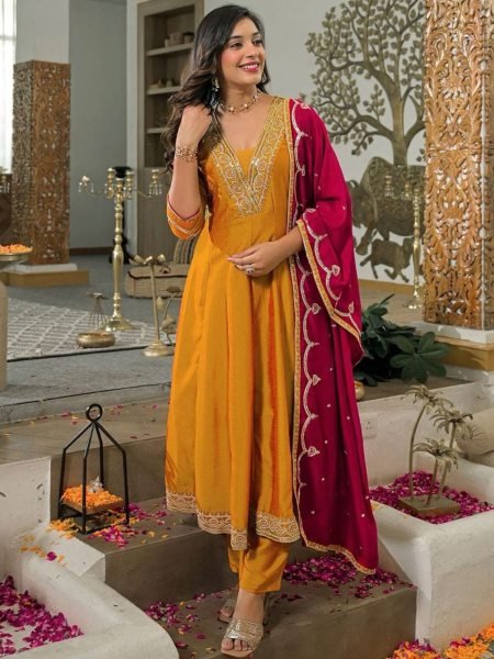 Affordable Yellow Vichitra Silk Embroidered Kurti Pant Dupatta Set for Festive Wear 