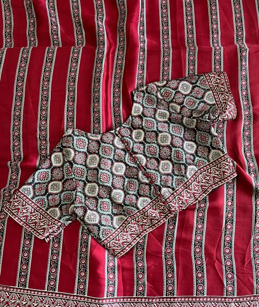Ajrakh Print Pallu Satin Silk Saree with Blouse Custom Fit Designer Collection from Surat Textile Manufacturer at Best Wholesale Price Silk Sarees Wholesale