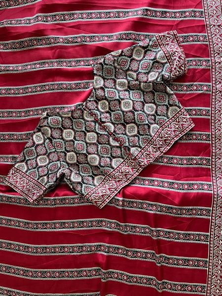 Ajrakh Print Pallu Satin Silk Saree with Blouse Custom Fit Designer Collection from Surat Textile Manufacturer at Best Wholesale Price Silk Sarees Wholesale