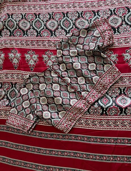 Ajrakh Print Pallu Satin Silk Saree with Blouse Custom Fit Designer Collection from Surat Textile Manufacturer at Best Wholesale Price Silk Sarees Wholesale