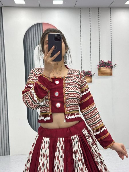 Ajrakh Print Rayon Lehenga Choli with Real Mirror Work Festival Special Navratri Lehnega Choli