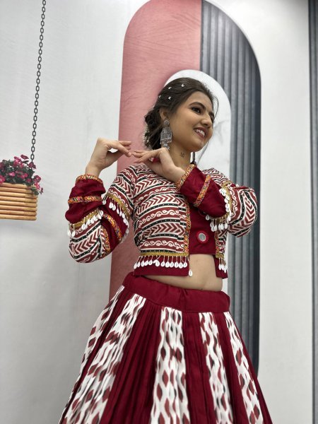 Ajrakh Print Rayon Lehenga Choli with Real Mirror Work Festival Special Navratri Lehnega Choli