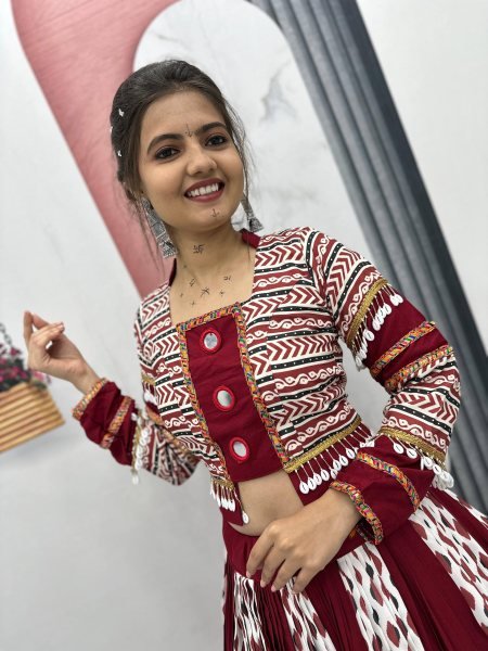 Ajrakh Print Rayon Lehenga Choli with Real Mirror Work Festival Special Navratri Lehnega Choli