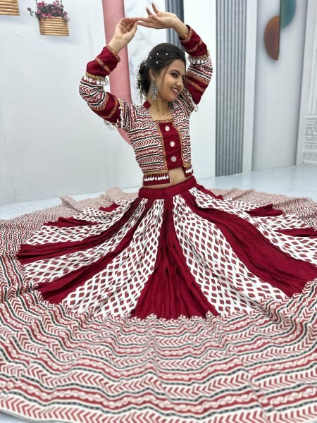 Ajrakh Print Rayon Lehenga Choli with Real Mirror Work Festival Special Navratri Lehnega Choli