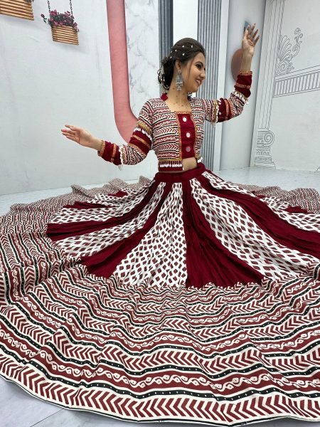 Ajrakh Print Rayon Lehenga Choli with Real Mirror Work Festival Special Navratri Lehnega Choli