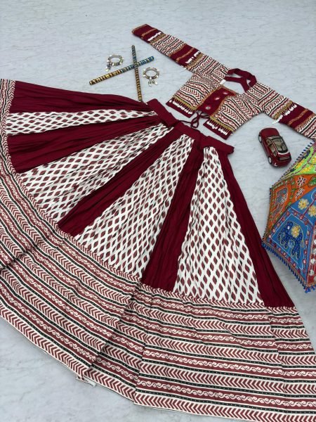 Ajrakh Print Rayon Lehenga Choli with Real Mirror Work Festival Special Navratri Lehnega Choli