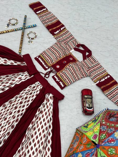 Ajrakh Print Rayon Lehenga Choli with Real Mirror Work Festival Special Navratri Lehnega Choli