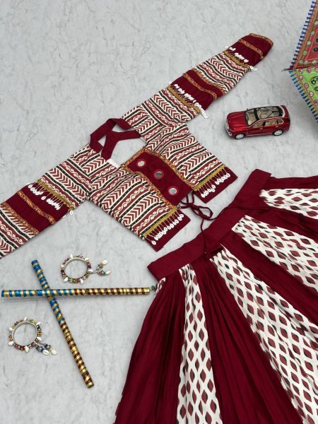 Ajrakh Print Rayon Lehenga Choli with Real Mirror Work Festival Special Navratri Lehnega Choli