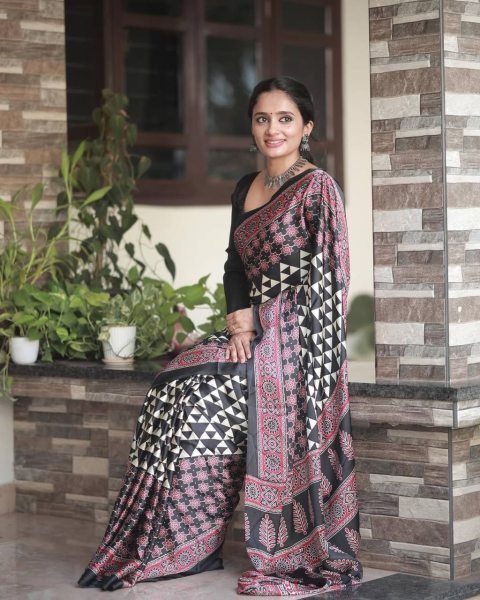 ajrakh printed japan silk saree designer festive wear with unstitched blouse Silk Sarees Wholesale