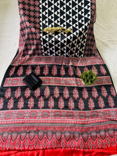ajrakh printed japan silk saree designer festive wear with unstitched blouse Silk Sarees Wholesale