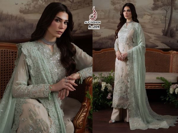 Alif Fashion A 204 Georgette Embroidery Khatli Work Suit Set with Dupatta for Exporters at Wholesale Rate Embroidery Suits Wholesale