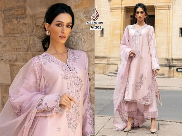 ALif Fashion A 205 Designer Chinnon Embroidery Work Suit Set with Matching Dupatta for Wedding Wear Embroidery Suits Wholesale