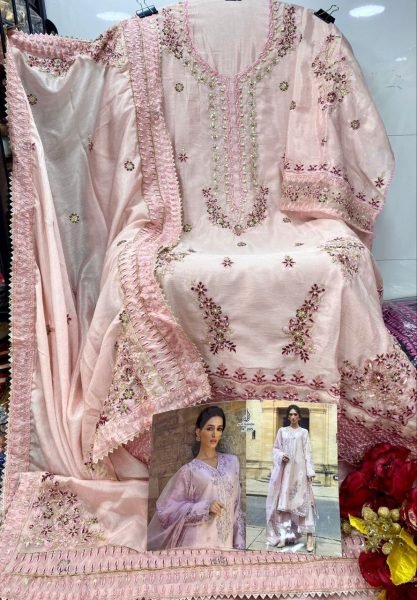 ALif Fashion A 205 Designer Chinnon Embroidery Work Suit Set with Matching Dupatta for Wedding Wear Embroidery Suits Wholesale