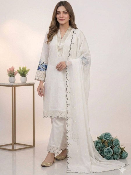 All Day Comfort White Mal Chanderi Palazzo Set With Sequence Embroidery 