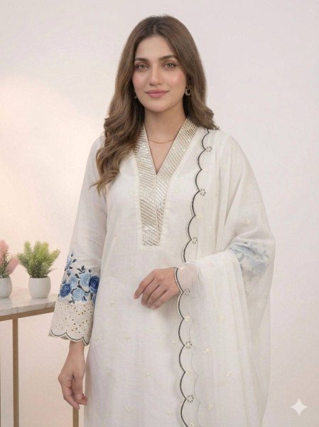 All Day Comfort White Mal Chanderi Palazzo Set With Sequence Embroidery Ready To Wear Collection