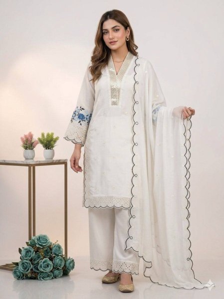 All Day Comfort White Mal Chanderi Palazzo Set With Sequence Embroidery Ready To Wear Collection