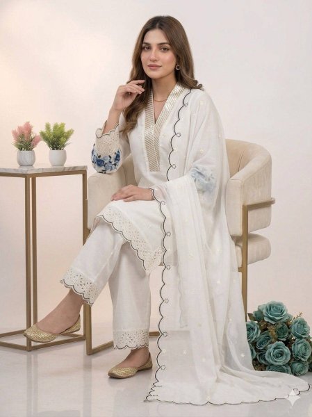All Day Comfort White Mal Chanderi Palazzo Set With Sequence Embroidery Ready To Wear Collection