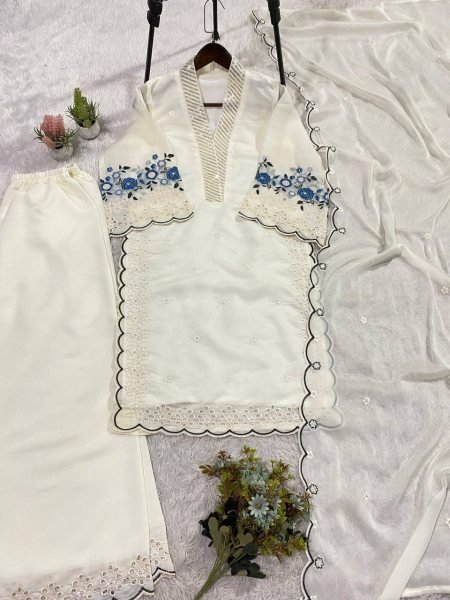 All Day Comfort White Mal Chanderi Palazzo Set With Sequence Embroidery Ready To Wear Collection