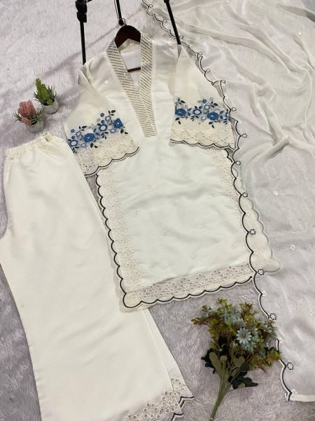 All Day Comfort White Mal Chanderi Palazzo Set With Sequence Embroidery Ready To Wear Collection