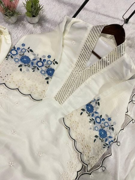All Day Comfort White Mal Chanderi Palazzo Set With Sequence Embroidery Ready To Wear Collection