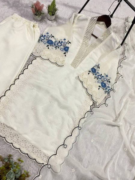 All Day Comfort White Mal Chanderi Palazzo Set With Sequence Embroidery Ready To Wear Collection