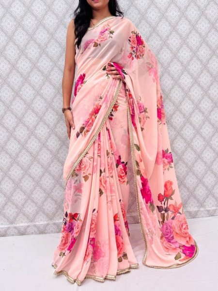 Alluring Baby Pink Printed Saree with Golden Sequins Border for Party Wear Sarees 