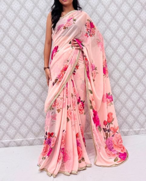 Alluring Baby Pink Printed Saree with Golden Sequins Border for Party Wear Printed Cotton Sarees Wholesale