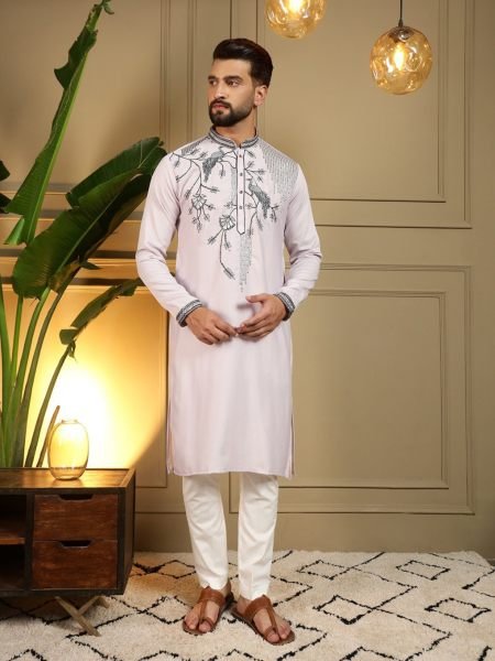 Alluring Baby Pink Viscose Silk Men's Kurta with Sequins Embroidery Work For Party 