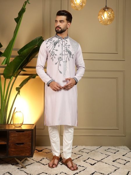 Alluring Baby Pink Viscose Silk Men's Kurta with Sequins Embroidery Work For Party Kurta Pajama Wholesale