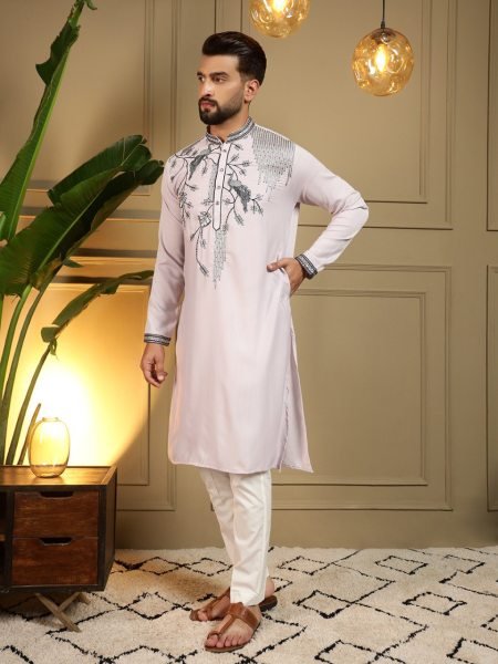 Alluring Baby Pink Viscose Silk Men's Kurta with Sequins Embroidery Work For Party Kurta Pajama Wholesale