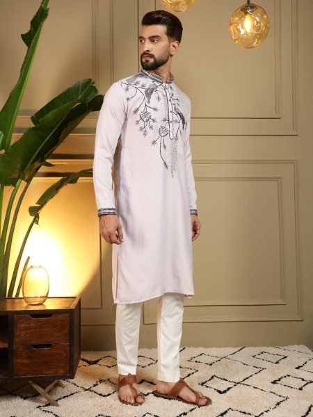 Alluring Baby Pink Viscose Silk Men's Kurta with Sequins Embroidery Work For Party Kurta Pajama Wholesale