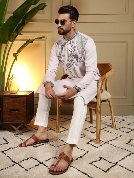 Alluring Baby Pink Viscose Silk Men's Kurta with Sequins Embroidery Work For Party Kurta Pajama Wholesale