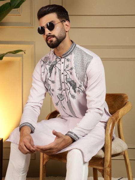 Alluring Baby Pink Viscose Silk Men's Kurta with Sequins Embroidery Work For Party Kurta Pajama Wholesale