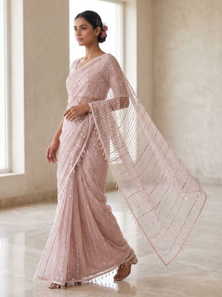 Alluring Baby Pink Wedding Wear Soft Net Saree with Heavy Embellished Fancy Blouse Sarees 