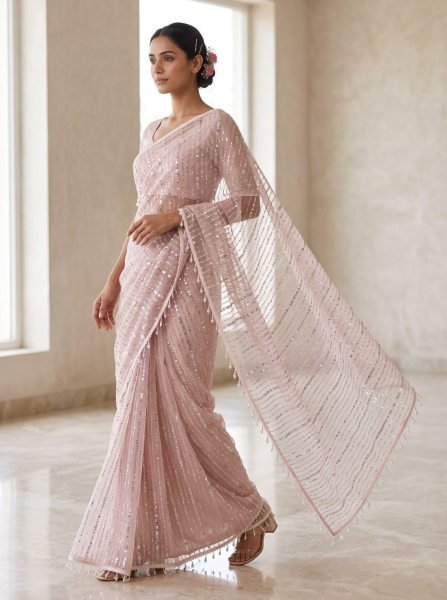 Alluring Baby Pink Wedding Wear Soft Net Saree with Heavy Embellished Fancy Blouse Bollywood Fancy Sarees Wholesale