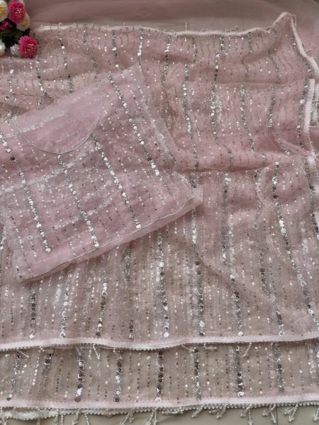 Alluring Baby Pink Wedding Wear Soft Net Saree with Heavy Embellished Fancy Blouse Bollywood Fancy Sarees Wholesale