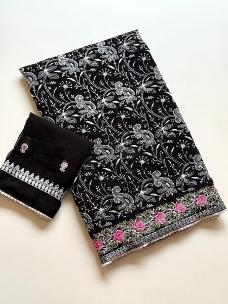 Alluring Black Designer Georgette Saree with Chikankari Work and Cotton Lace at Wholesale Rate Georgette Sarees Wholesale