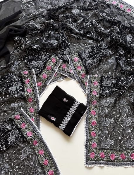 Alluring Black Designer Georgette Saree with Chikankari Work and Cotton Lace at Wholesale Rate Georgette Sarees Wholesale