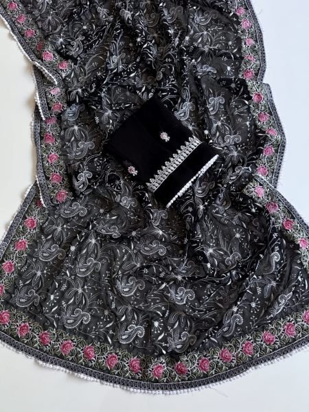 Alluring Black Designer Georgette Saree with Chikankari Work and Cotton Lace at Wholesale Rate Georgette Sarees Wholesale