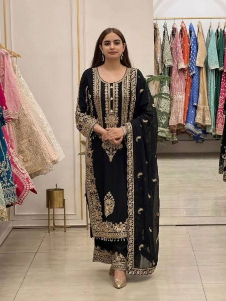 Alluring Black Faux Georgette Suit Set with Heavy Embroidery Sequins Work and Dupatta Ready To Wear Suit