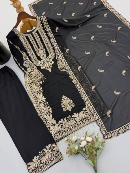 Alluring Black Faux Georgette Suit Set with Heavy Embroidery Sequins Work and Dupatta Ready To Wear Collection