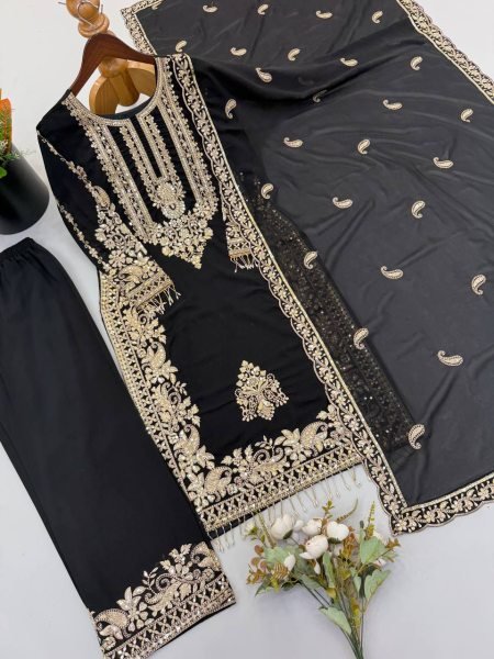 Alluring Black Faux Georgette Suit Set with Heavy Embroidery Sequins Work and Dupatta Ready To Wear Collection