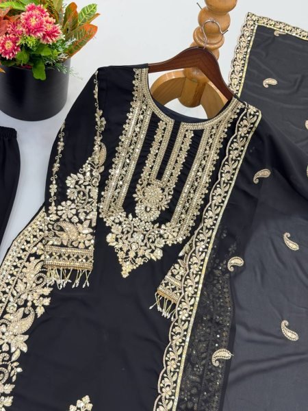 Alluring Black Faux Georgette Suit Set with Heavy Embroidery Sequins Work and Dupatta Ready To Wear Collection