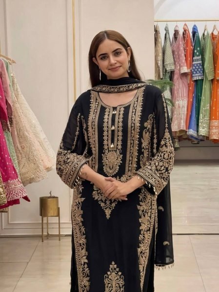 Alluring Black Faux Georgette Suit Set with Heavy Embroidery Sequins Work and Dupatta Ready To Wear Collection