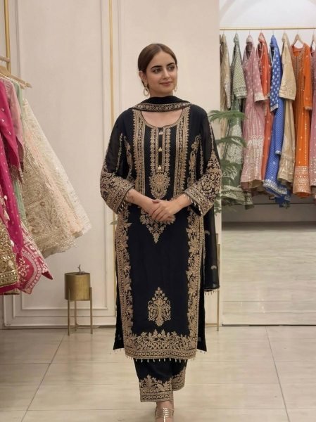 Alluring Black Faux Georgette Suit Set with Heavy Embroidery Sequins Work and Dupatta Ready To Wear Collection