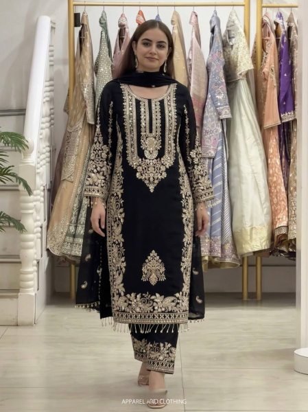 Alluring Black Faux Georgette Suit Set with Heavy Embroidery Sequins Work and Dupatta Ready To Wear Collection
