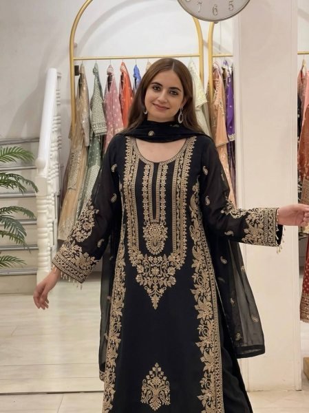 Alluring Black Faux Georgette Suit Set with Heavy Embroidery Sequins Work and Dupatta Ready To Wear Collection